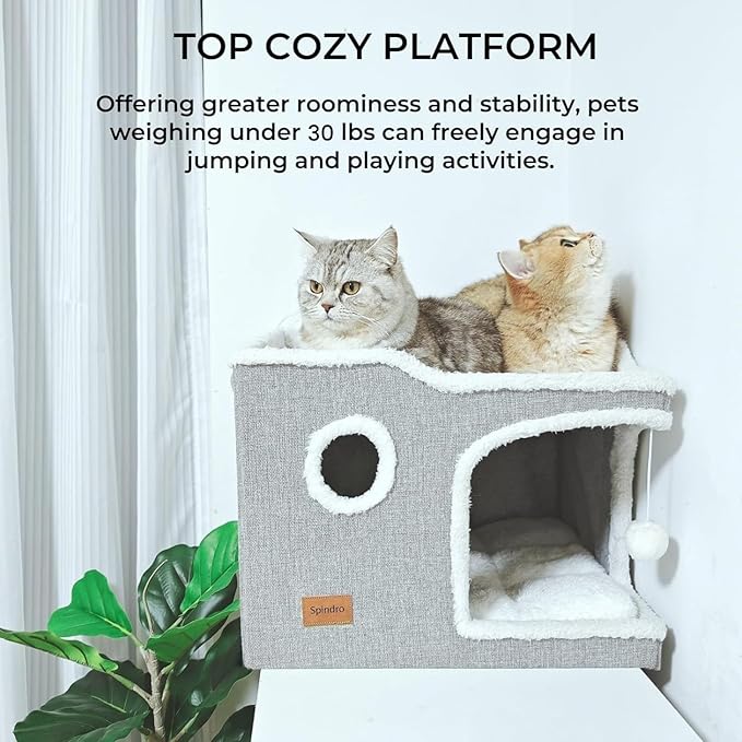 Large Cat Bed for Indoor Cats, Foldable Adult Cat Cave Anti Anxiety Cat House Cube with Scratch Pad Cat Towers, Cute Kitten Condo Hideaway Hut with Soft Pillow Mat for 2 Pets Under 30 lbs