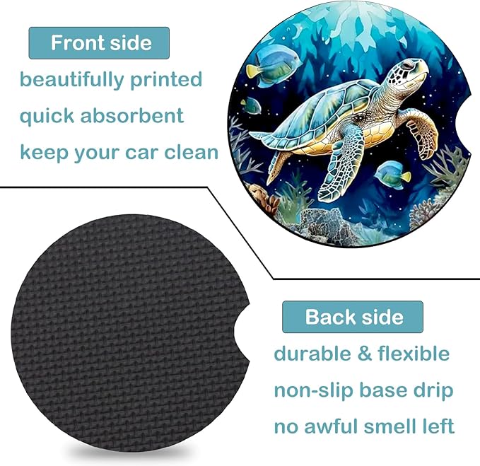 Car Coasters for Cup Holders,2 Pack Sea Turtle Car Cup Holder Coasters,2.75" Universal Size Anti Slip Rubber Mat,Automotive Cup Holder Decal Decor Accessories,Sea Turtle Gifts for Women,Mom,Men