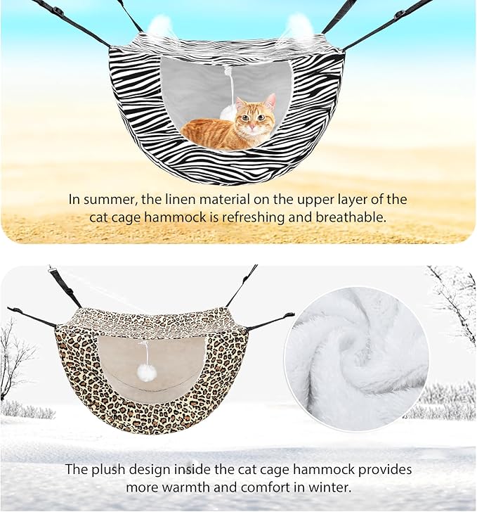 Unittype 2 Pieces Cat Cage Hammock Hanging Pet Bed Double Layer Soft Plush Hanging Pet Bed Comfortable Hammock Bed for Indoor Kitten Cats Ferret Hamster Rabbit or Small Animals, 2 Styles (Leopard)