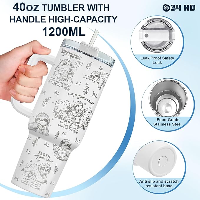 34HD Laser Engraved Sloth Tumbler with Handle and Straw, 40oz Stainless Steel Insulated Travel Coffee Mug, Sloth Gifts for Women, Sloths Lover Gifts