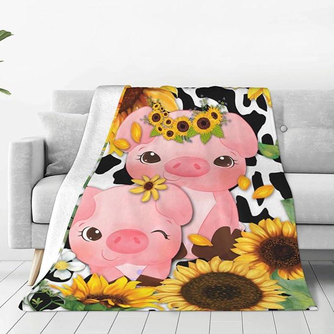 Fuzzy Throw Blanket 350 GSM Fleece Ultra-Soft Microfiber Blanket for Adults Kids Gift Couch, Sofa, Bed Pig Cow Sunflower 60"x50"