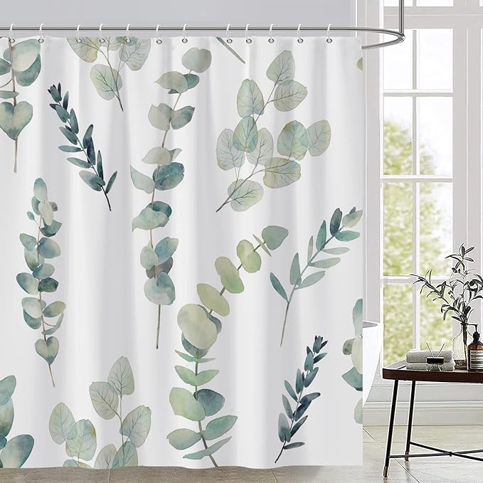 AWERT Shower Curtain Green Plants for Bathroom Waterproof Quick-Drying Eucalyptus Leaves Shower Curtain Set with Hooks 72x78 Inch