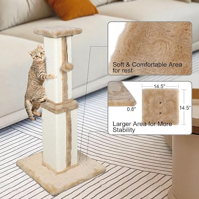 Topmart 31" Tall Cat Scratching Post for Indoor Cats Kittens, Sisal Scratching Post with Hanging Ball, Beige