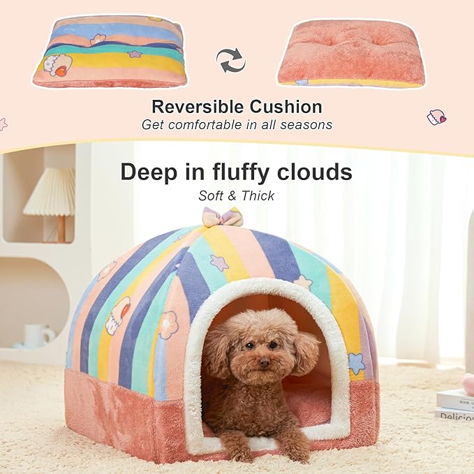 Jiupety Cute Cat House for Large Cat, Cat Beds for Indoor, 2-in-1 Cat Cave Bed, Large Cat Bed Cat Hideaway, Large, Rainbow.