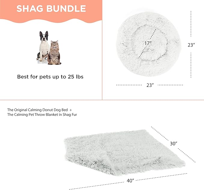 Best Friends by Sheri Bundle Set The Original Calming Shag Donut Cuddler Cat and Dog Bed + Pet Throw Blanket Frost Small 23" x 23"