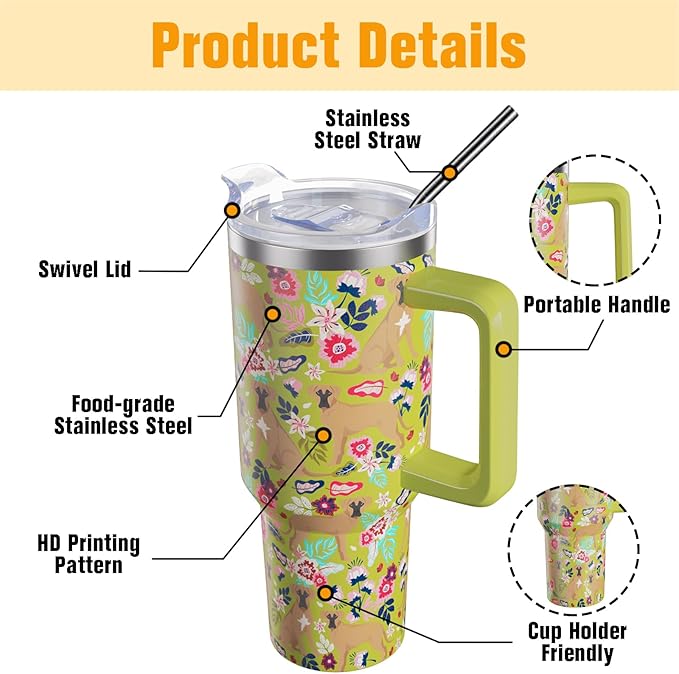 Boxer Dog Gifts for Women Dog Lovers 40 oz Floral Boxer Lover Tumblers with Handle and Straw, Stainless Steel Vacuum Insulated Travel Coffee Mug Cup Water Bottle