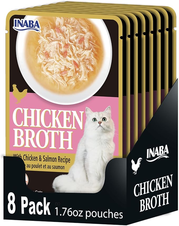 Inaba Chicken Broth, Shredded Chicken & Broth Side Dish/Topper for Cats with Vitamin E, 1.76 Ounce Pouch, 8 Pouches Total, Chicken and Salmon Recipe