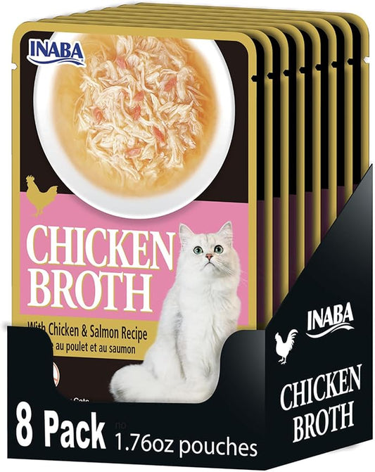 Inaba Chicken Broth, Shredded Chicken & Broth Side Dish/Topper for Cats with Vitamin E, 1.76 Ounce Pouch, 8 Pouches Total, Chicken and Salmon Recipe