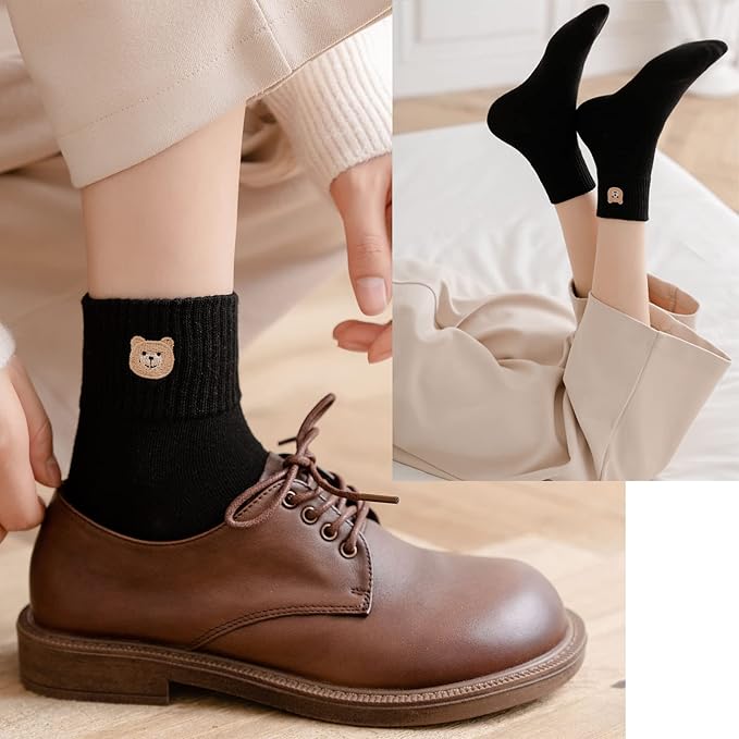 5 Pairs Women's Cute Bear Ankle Socks With Animal Embroidery - Gifts for Women