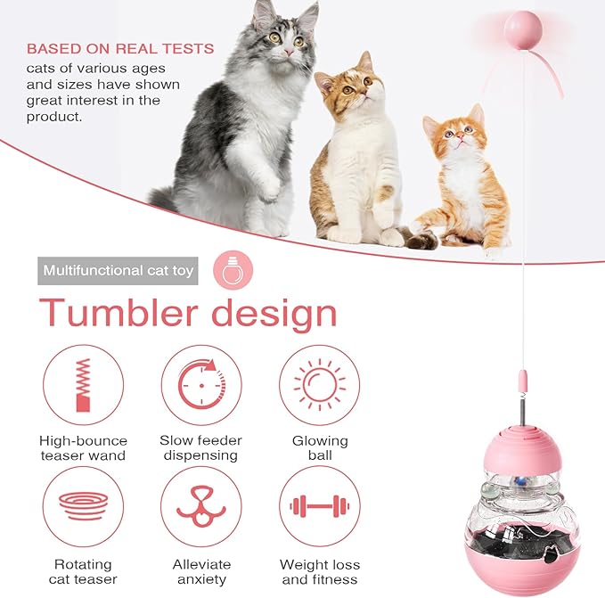 Cat Treat Toy for Indoor Cats,Food Toys Interactive Spinning Funny Cat Food Puzzle Toys with Ball Bulb Cat Self Play Treasure Gourd Cat Toys(Pink)