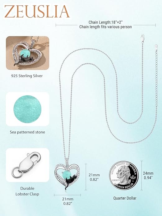 Birthstone Cat Necklaces,925 Sterling Silver Cat Necklace Heart Pendant for Women,Dainty Animal Jewelry for Her,Wedding Anniversary Birthday Gifts for Women Mom Grandma