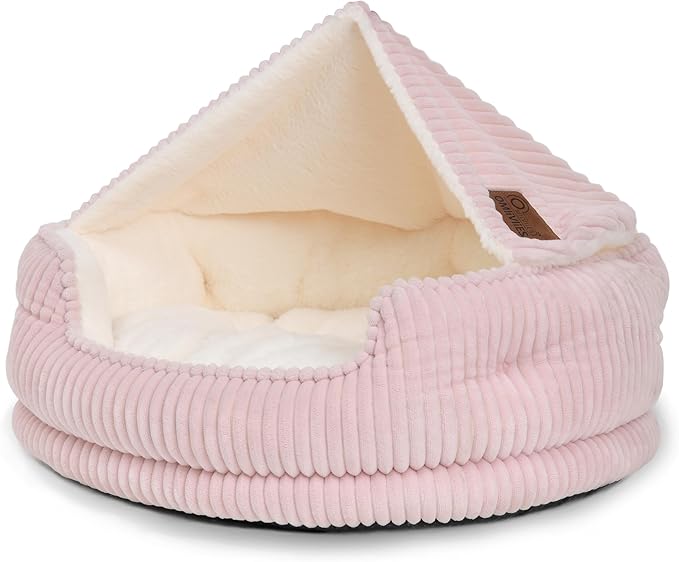 Cat Beds for Indoor Cats,with Soft Hooded Blanket.Comfortable Cute cat Bed,Removable Inner pad Washable with Non-Slip Bottom,Cozy Kitten、Small Dog Bed (Pink)