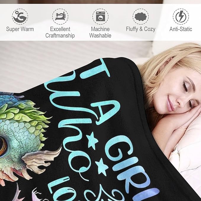 Just A Girl Who Love Dragons and Book Blanket Dragons Gifts for Girls Boys Woman Kids Read Lover Throw Blankets Soft Blanket Warm Fleece Flannel Plush Blankets for Bed Sofa Couch 60"x80"