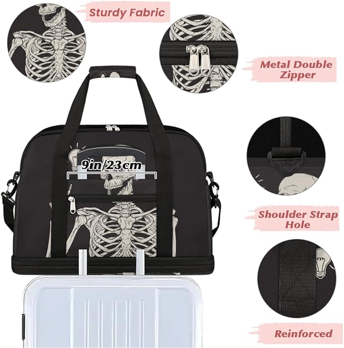 Black Skull Human Skeleton Foldable Travel Duffel Bag Sports Tote Gym Bag With Shoe Compartment For Woman Man Carry On Luggage Overnight Travel Weekend Yoga Workout Bag Training Handbag
