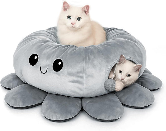 Cat Tunnel Bed for Indoor Cats, Peekaboo Cat Cave Bed,Soft Cat Donut Tunnel for Kitten Large Cats, Cute Green Octopus Shaped