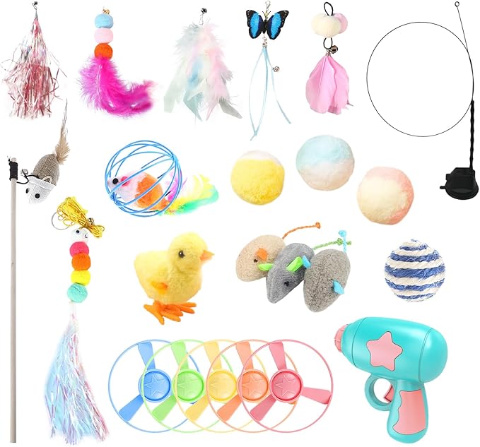 Cat Toy Set, 23 Pcs Deluxe Gift Set - Includes Launcher, Standing & Hand-held Wand, Balls, Silent Toys - Entertain & Engage Your Cat