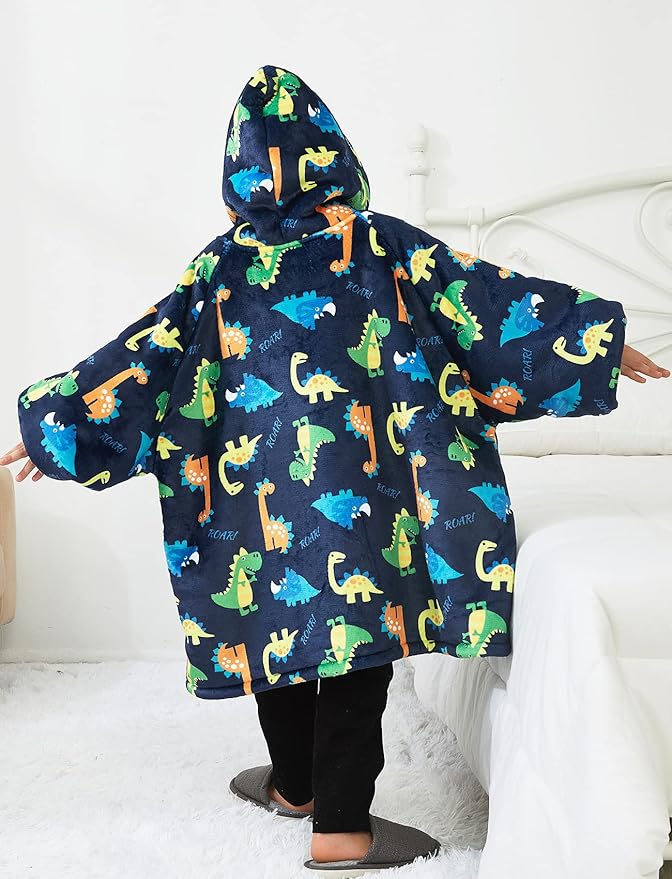KFUBUO Dinosaur Wearable Blanket Hoodie for Kids Sherpa Patterns Oversized Sweatshirt Blanket with Pocket 6-10 Year Old Boys&Girls Birthday Gifts