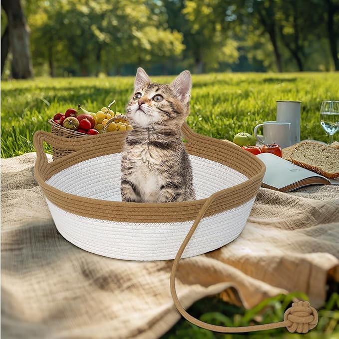 Cotton Rope Woven Cat Bed Basket, Pet Sleeping Bed Basket with a Playing Rope Ball, Cat Foldable Sleeping Basket for Cats, Puppies, Rabbits and Small Pets (Large, Brown & Beige)