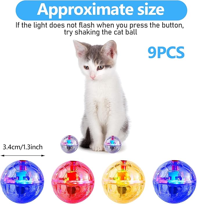 Jecery 9 Pcs Light Up Cat Balls Ghost Hunting Cat Ball LED Motion Activated Cat Toy Interactive Lighted Ball Cat Toys Pet Glowing Mini Running Exercise Ball Toys for Kitten Dog Pet Animals Activity