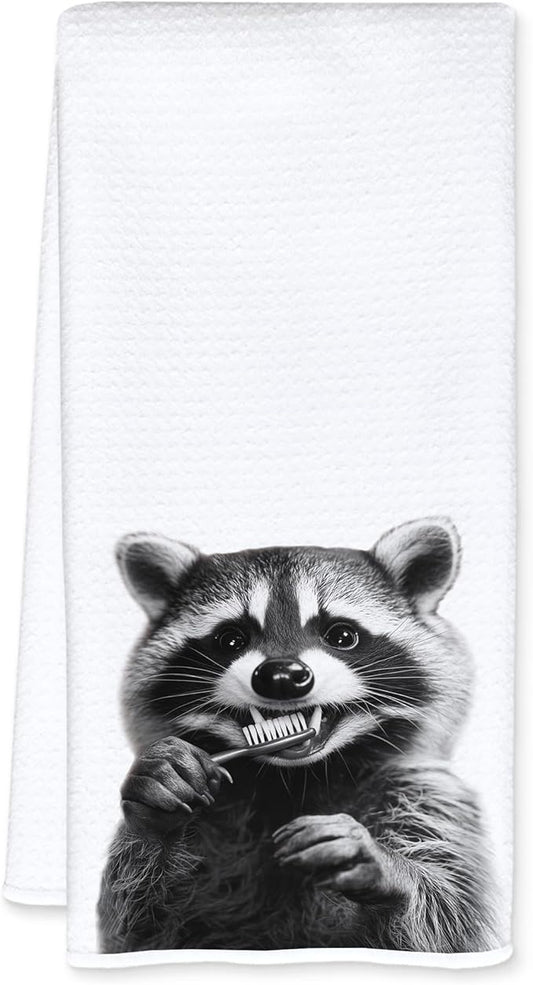 Funny Toothbrush Raccoon Bathroom Hand Towels, Gifts for Raccoon Lovers Hand Towels for Bathroom Washroom Restroom Decor, 16x24 Inch