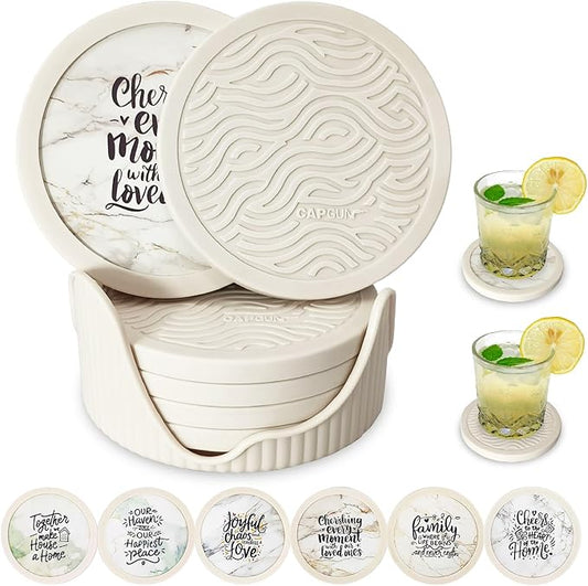 6-Pack Silicone Coasters with Deep Tray Holder - Double-Sided Drink Coasters - Beverage Mats for Hot or Cold Drinks - Thick, Non-Slip, Non-Stick Silicone with Ceramic Insert