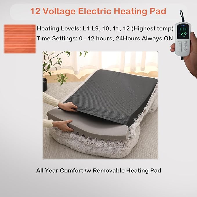 Fluffy Heated Cat Bed Indoor w/ 12V Electric Heating Pad, Thermal Warming Heated Pet Bed with Adjustable Temperature & Timer