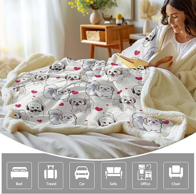 BlessLiving Shih Tzu Sherpa Throw Blanket - Super Soft Fuzzy Cozy Warm Red Hearts Dog Blanket Thick Plush Fluffy Blankets for Teen Girls Women Couch Bed Sofa Chair Men Boys Gift (Twin, 60x80 Inches)