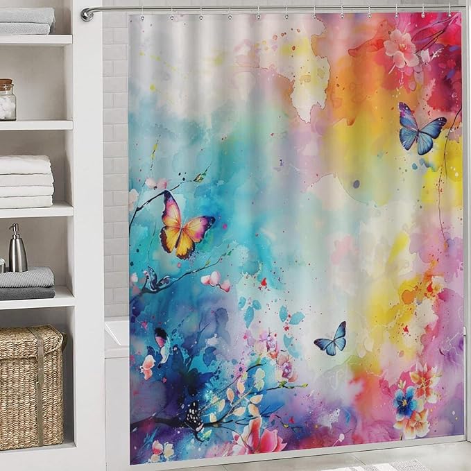 Brebasf Abstract Colorful Wildlife Butterfly Shower Curtain Set Bathroom Set Decorative Vintage Rustic Ink Tie Dye Florals Butterfly 4 Piece Shower Curtain, Toilet Cover, U-Mat, Floor Mat
