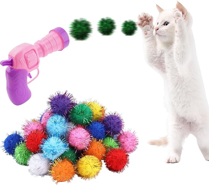 Dorhui Cat Toy Balls with Launchers Set, 30 Pcs Sparkle Pom Pom Balls for Cat,Cat Enrichment Toys,cat Toys for Indoor Cats, Interactive Glitter Pom Pom Balls for Kitty Gifts