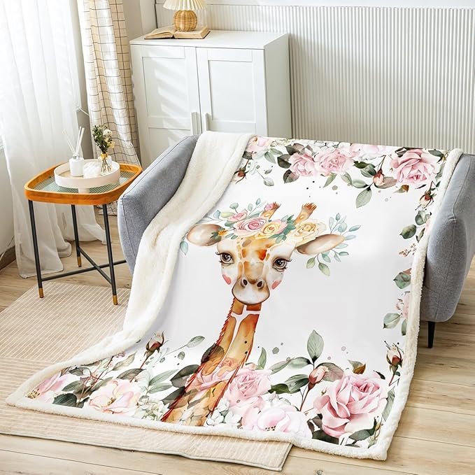 Erosebridal Pink Rose Floral Giraffe Throw Blanket, Twin Size, Microfiber Fleece Sherpa, Kids Modern Animal Blanket