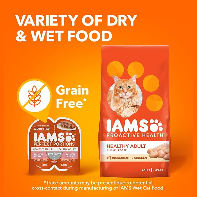IAMS Perfect Portions Healthy Adult Grain Free Wet Cat Food Paté, Salmon Recipe, 2.6 oz. Easy Peel Twin-Pack Trays (24 Count, 48 Servings)