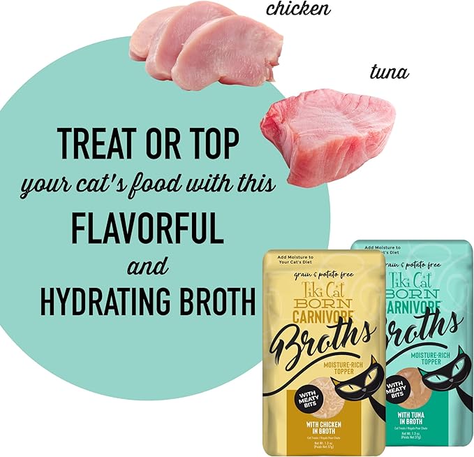 Tiki Cat Born Carnivore Broths Wet Cat Food Topper, Variety Pack 1.3 oz. Pouch (24 Count)