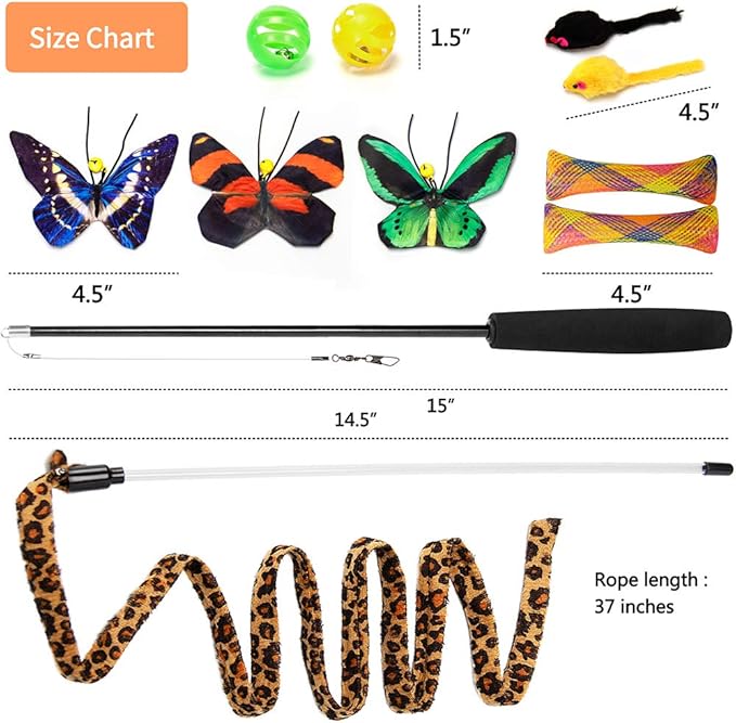 Butterfly Cat Wand Cat Toys Set, Realistic Crinkle Catnip Butterflies Kitten Toys with Retractable Interactive Cat Wand 11 PCS Cat Toys for Indoor Cats
