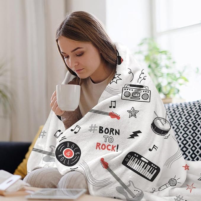 Rock and Roll Band Throw Blanket Music Electric Guitar Piano Drum Print Blankets Gifts Couch Sofa Bed Stuff Decor Soft Cozy Fleece Plush Flannel Bedding for Lover Men Women Musician Adults 50"x60"