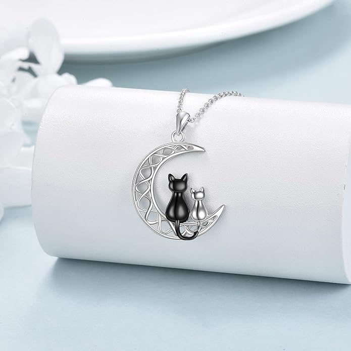 Black Cat Necklace for Women Sterling Silver Celtic Moon Cat Jewelry Gifts