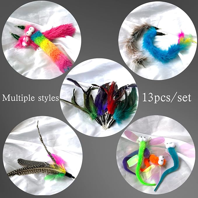 Cat Worm Toy Refills Cats Teaser Toys Wand Replacement Cat Wand Attachments 13Pcs Cat Worms and Dragonfly Refill,Cat Wand Toy Assorted Teaser Refills with Bell (13Pcs)