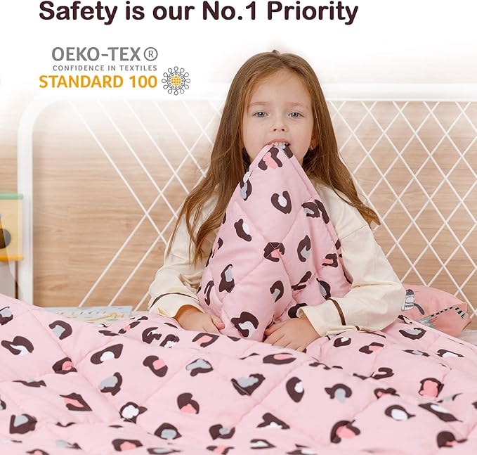 Uttermara Weighted Blanket 7 lbs, Ultra Cozy Minky Fleece and Cotton Sided with Cartoon Patterns, Reversible Heavy Blanket Great for Calming and Sleeping, 36x48 inches, Pink Leopard