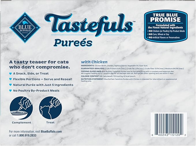 Blue Buffalo Tastefuls Purées with Chicken, Natural Cat Food Complement, Resealable Twist Cap Pouches, 3-oz (12 Count)