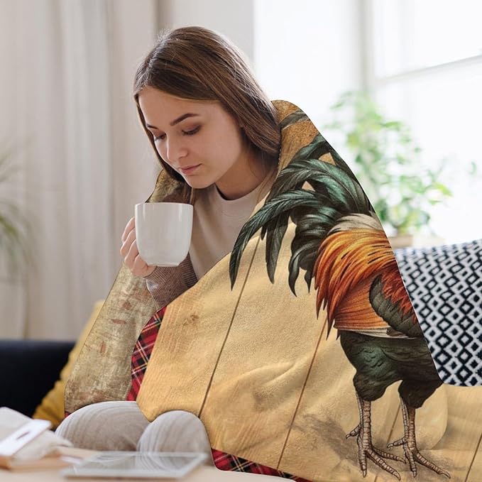 Farmhouse Rooster Blanket Chicken Farm Country Barn Print Throw Blankets for Couch Sofa Bed Stuff Decor Soft Cozy Fleece Plush Warm Flannel Bedding Gifts for Baby Girls Boys Kids Adults 60"x80"