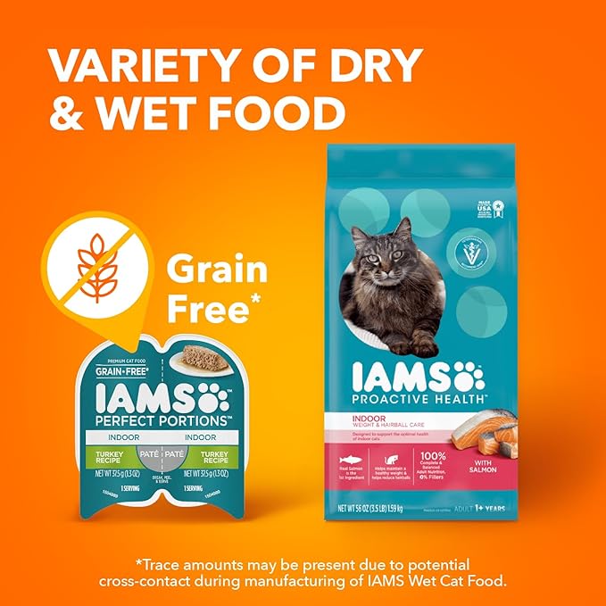 IAMS PERFECT PORTIONS Indoor Adult Grain Free* Wet Cat Food Pate Variety Pack, Salmon Recipe and Turkey Recipe, 2.6 oz. Easy Peel Twin-Pack Trays 24 Count, (Pack of 2)