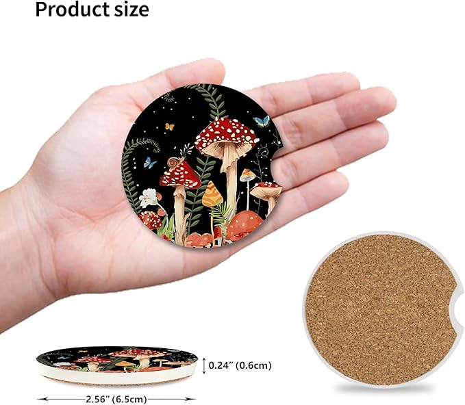 2 Pack Cute Mushroom Pattern Absorbent Car Coasters for Cup Holders,2.56" Ceramic Coasters with Cork Back and Finger Slot,Auto Accessories for Women & Men.