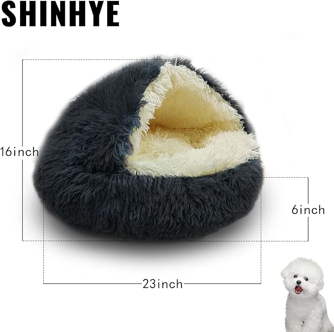 ShinHye Cat Bed Round Plush Fluffy Hooded Cat Bed Cave, Cozy for Indoor Cats or Small Dog beds, Soothing Pet Beds Doughnut Calm Anti-nxiety Dog Bed - Waterproof Bottom Washable (23×23inch, Dark Grey)