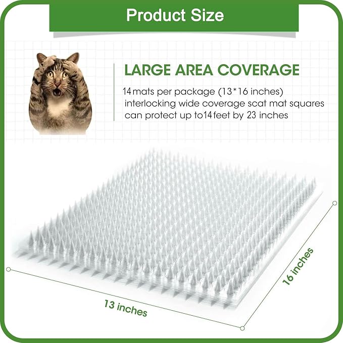 14 Pack Scat Mat for Cats - 16 x 13 Inch Cat Spike Mat with 1 Inch Spike, Cat Repellent Indoor & Outdoor Mat to Deter Cats & Other Animals, Humane Cat Deterrent Indoor Fence