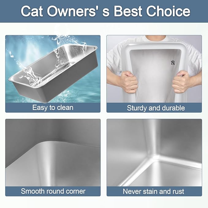 2 Pack Stainless Steel Cat Litter Box, XL Extra Large Cat Litter Box with Lid, Cat Litter Box High Sided, Easy to Clean, Enclosed Metal Cat Litter Pan for Multiple Cats(Grey Coated)