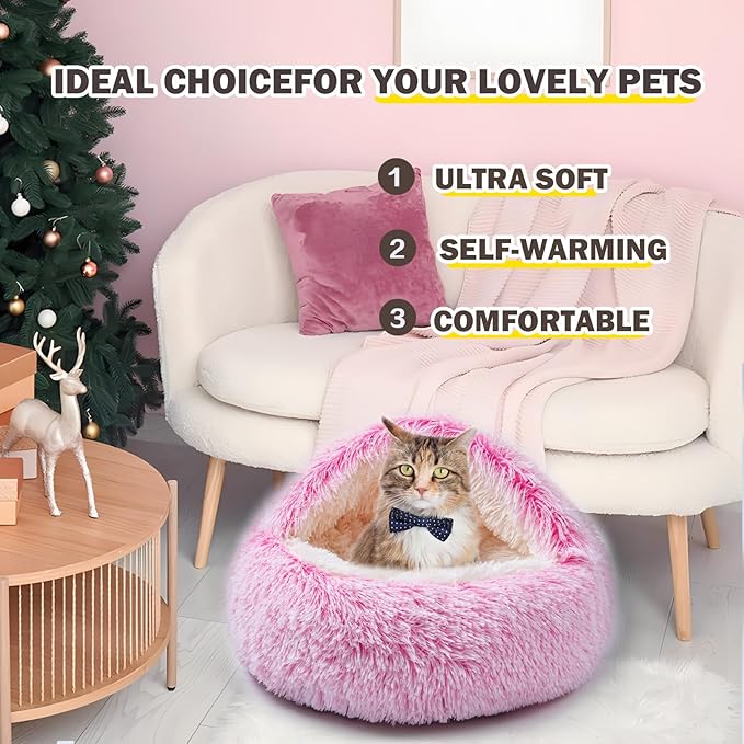 Cat Bed Calming Cat Beds,Indoor Washable Cat Bed，Anti-Slip Faux Fur Fluffy Cuddler Anxiety Cat Bed,Warming Cuddler Cushion Bed for Small Medium Dogs and Cats (Gradient Pink, 24 * 24inch)