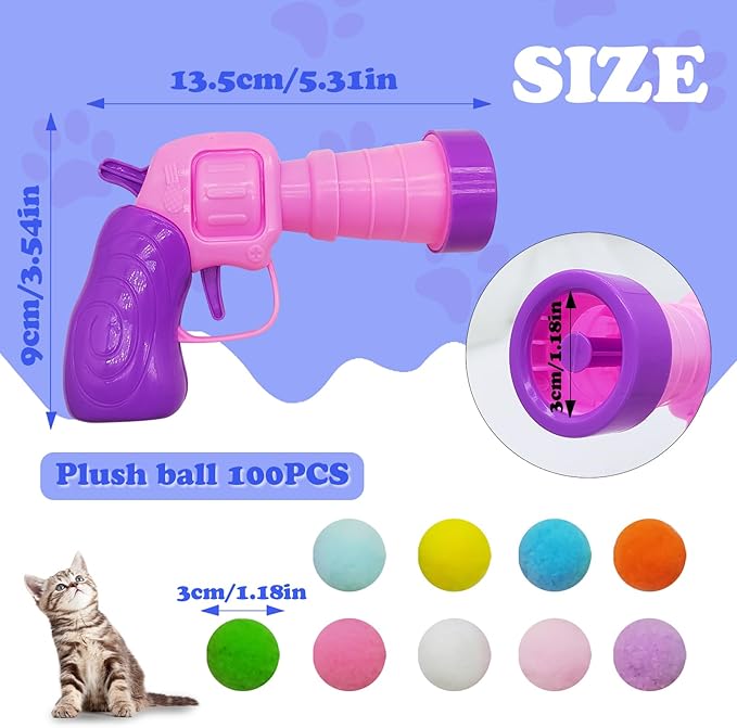 Andiker Cat Toy Balls Set, 30pcs Plush Cat Pom Pom Balls&a Plastic Launcher Set for Cat Catch&Fetch Interactive Cat Toy with Colorful&Soft Cat Balls for Indoor Cats to Keep Fit (Pink 100balls)