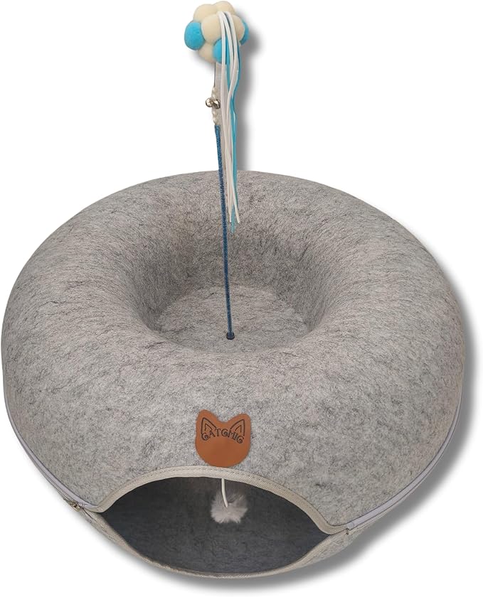 Cat Tunnel Donut - Large Cat Tunnel Bed for Sleeping, Cuddles, Indoor Play, Sturdy Felt Peekaboo Cat Cave, Easy Zip Assembly - Circular Tube with Fun Feather Toy Light Gray, 24x11