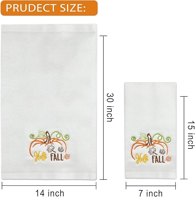 Hexagram Fall Hand Towels Set of 2, Hello Fall Bathroom Embroidered Towels, Pumpkin Hand Towel for Bathroom 14" x 30", Autumn Decorations for Home