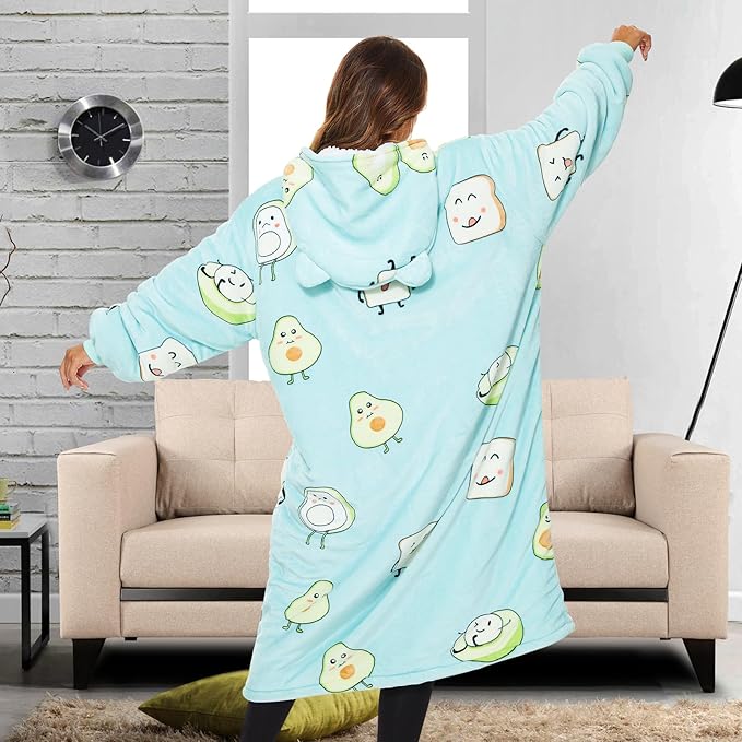THREE POODLE Wearable Blanket Hoodie, Oversized Long Sherpa Sweatshirt Blanket for Adults Women Men, Warm Cozy Hooded Blanket, Gifts for Mom Girlfriend