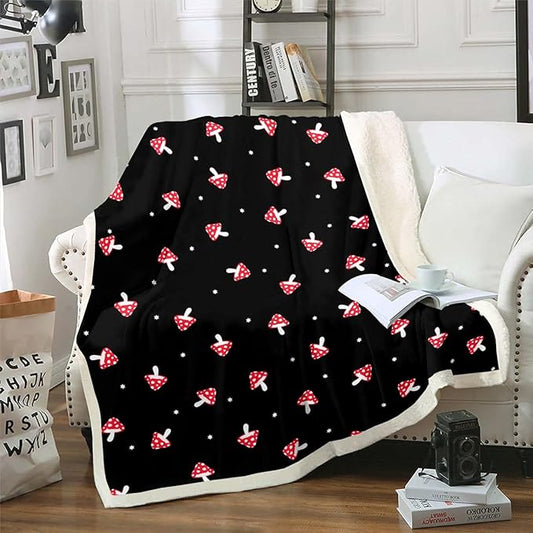 Mushroom Sherpa Blanket Girls Kawaii Room Decor Fleece Throw Blanket Kids Boys Teens Cute Black Red Mushrooms Plush Blanket for Bed Sofa Couch Soft Lovely Botanical Fuzzy BlanketQueen 90"x90"